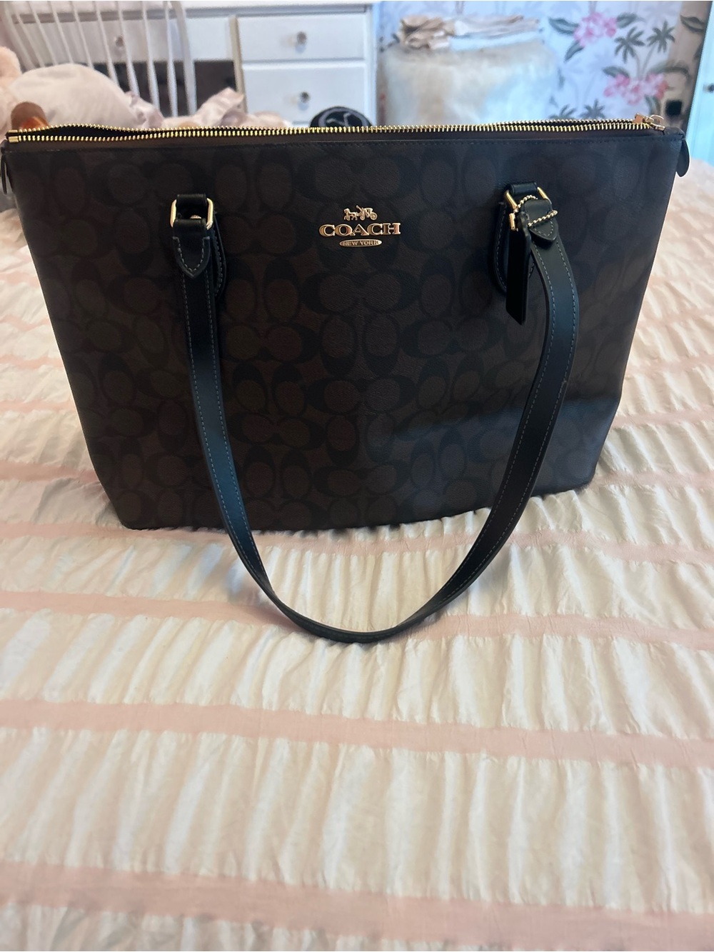 Coach Brown Signature Canvas Tote with Black Straps and Gold Hardware
